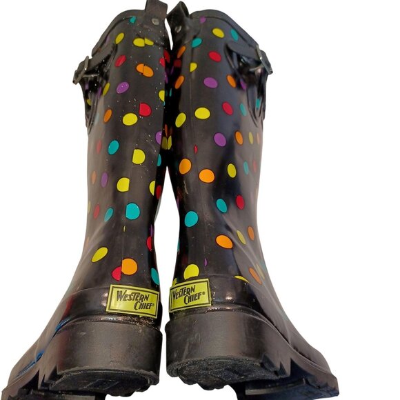 Western Chief Black Polka Dot Waterproof Tall Lug Rubber Rain Boot Womens Size 6 - Picture 5 of 9
